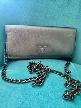 Prada Metallic Gunmetal Saffiano Chain Messenger Bag